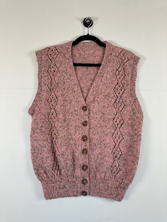 None Jackets & Blazers - Handmade Knit Button Front Sweater Vest Pink Open Knit Cottagecore Size M